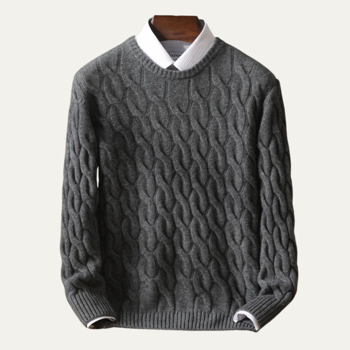 Men's Merino Wool Jumper - Cable Knit Crew Neck Pullover with Ribbed Cuffs and Hem