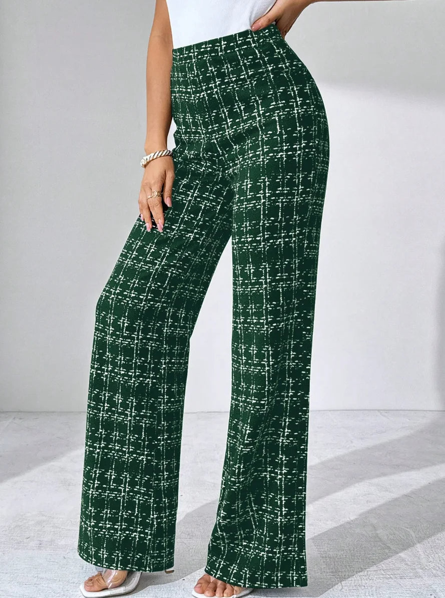 Women's Plaid Wide Leg Pants - High Waist Full Length Pull On