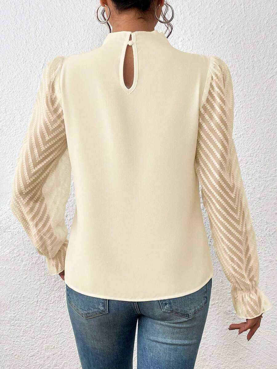 Women’s High Neck Blouse with Pleated Front and Sheer Patterned Sleeves