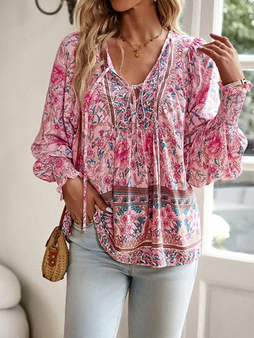 Women's Floral Blouse - V-Neck Tie Front Long Sleeve - Boho Print