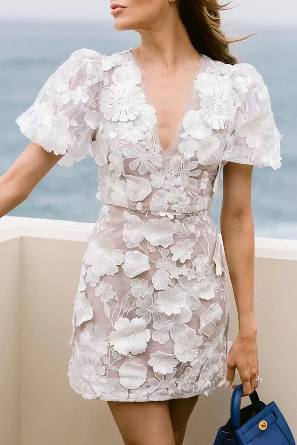 Women's Mini Dress - V-Neck Puff Sleeve - 3D Floral Applique Mesh