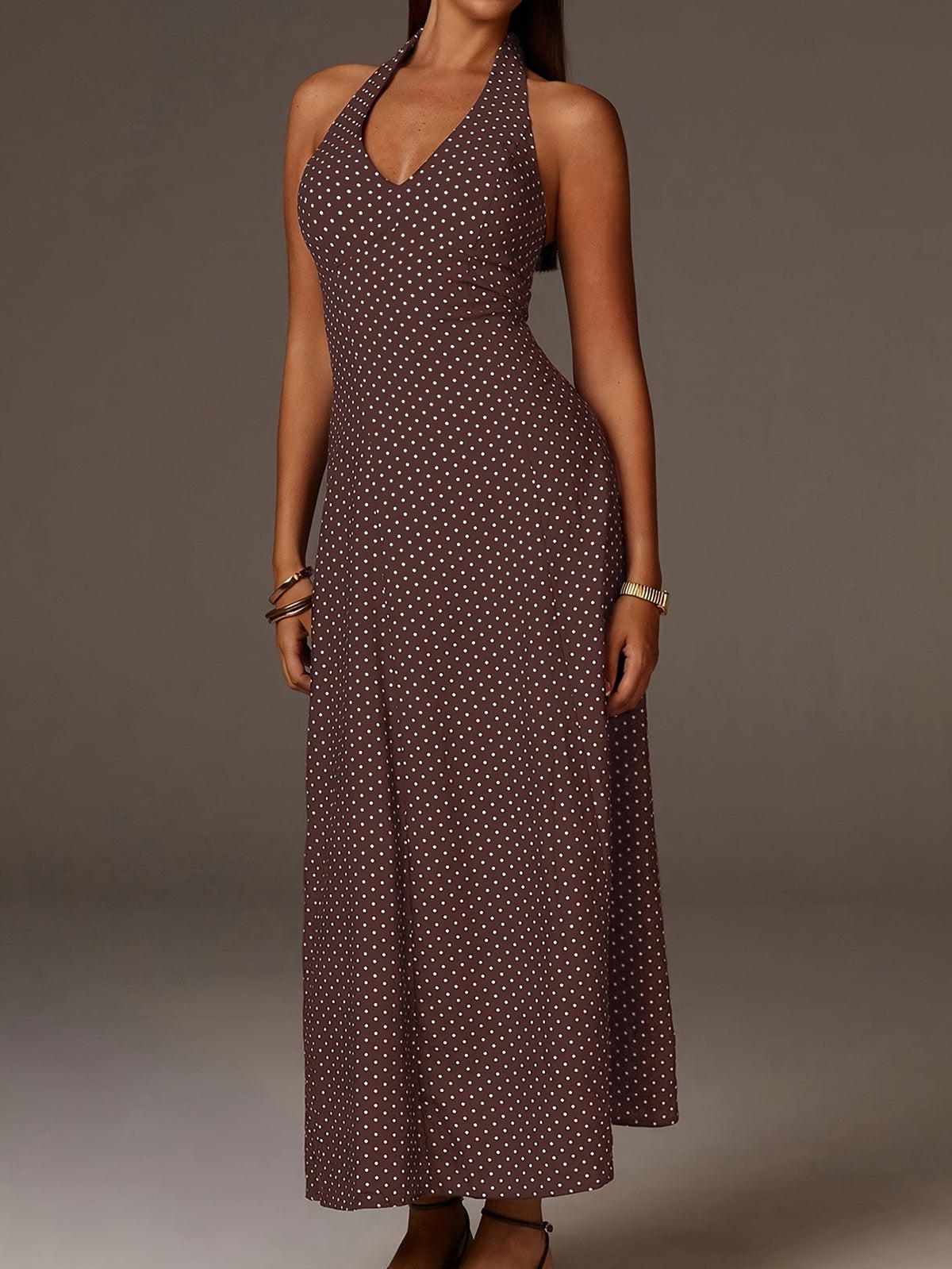 Women's Halter Neck Polka Dot Maxi Dress - Coffee Brown