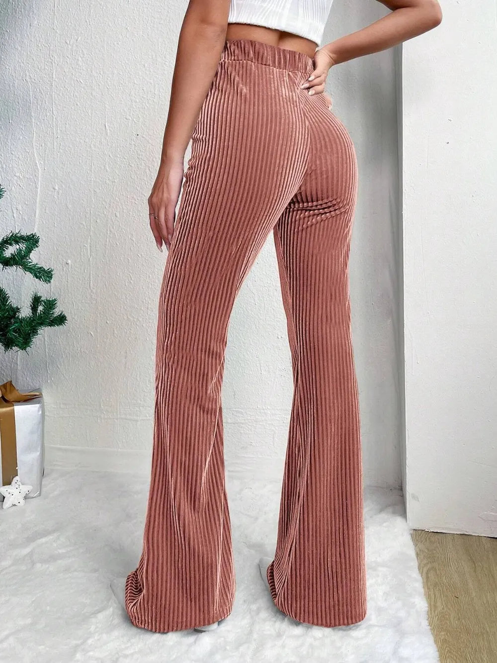 Women's Wide Leg Pants - High Waist Elasticated Ribbed Flare with Plain Hem