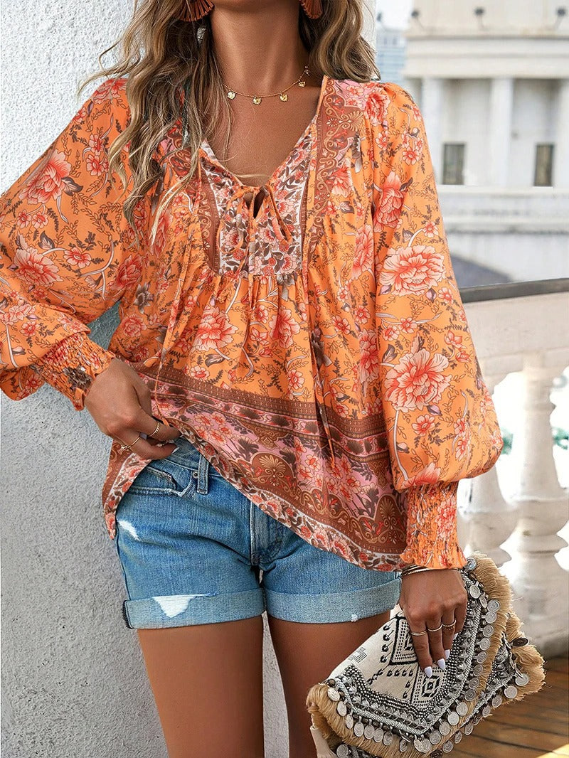 Women's Floral Blouse - V-Neck Tie Front Long Sleeve - Boho Print