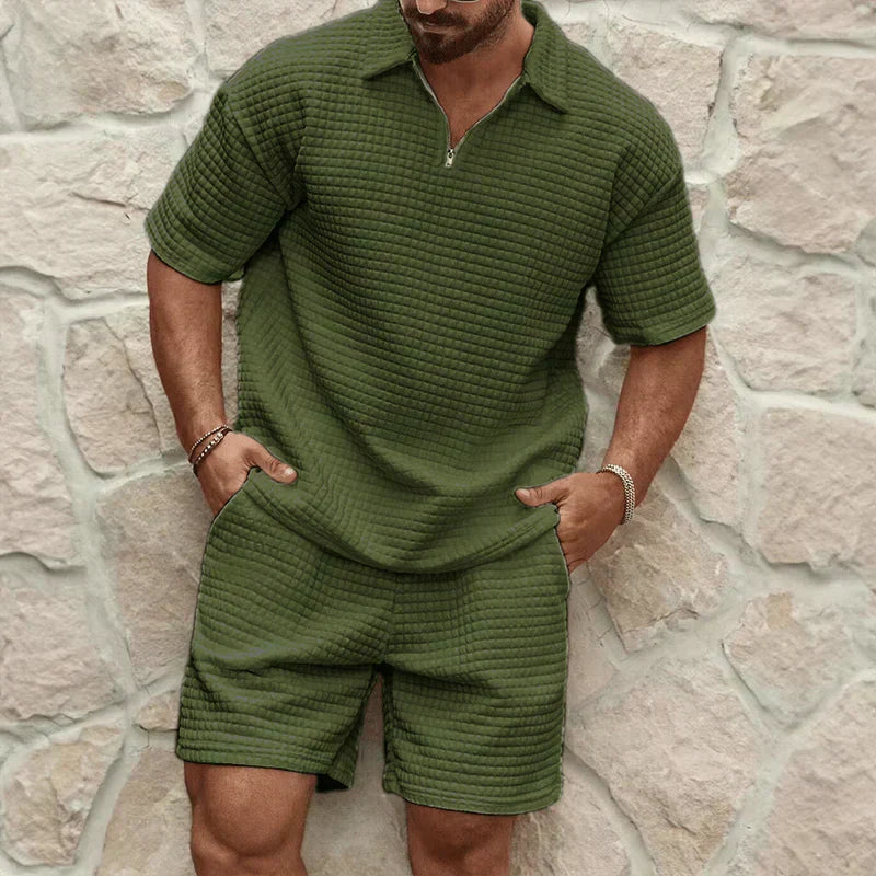 Men's Waffle Knit Half-Zip Polo Short Set - Two Piece