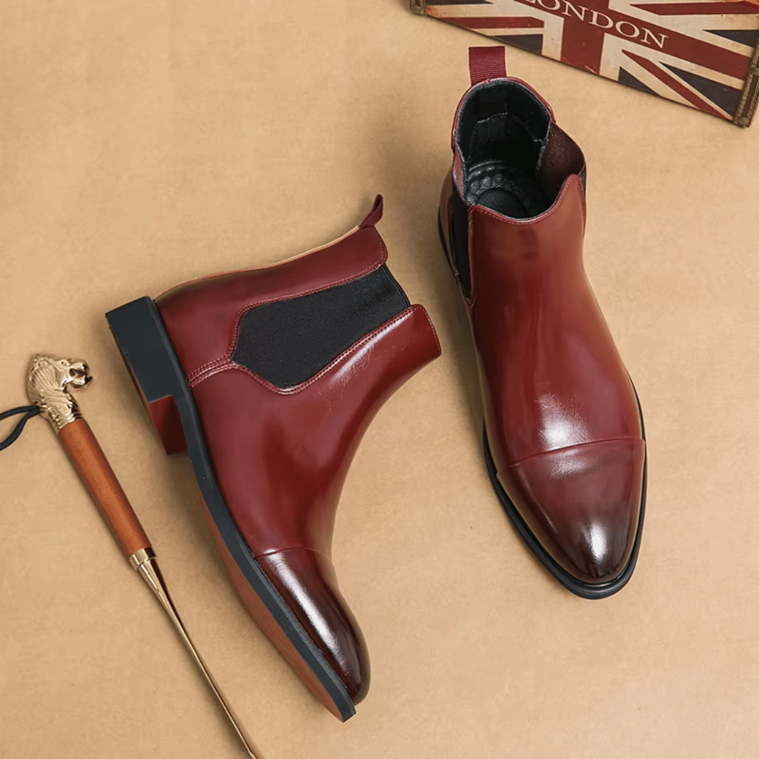 Men's Chelsea Boots - Slip-On Cap Toe with Elastic Side Panel - Low Heel and Contrast Sole