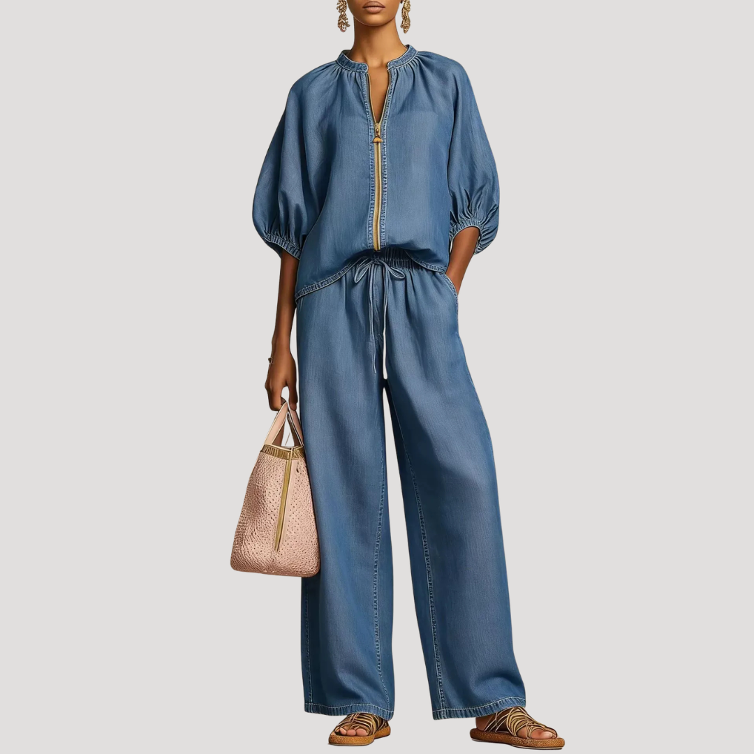 Women's Linen Puff Sleeve Zip Top Wide Leg Pants Set