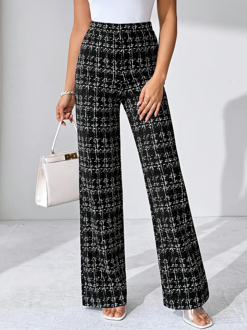 Women's Plaid Wide Leg Pants - High Waist Full Length Pull On