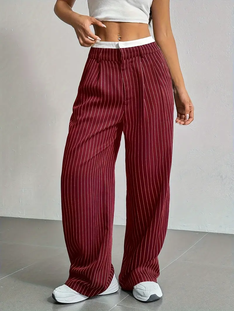 Women's Wide Leg Pinstripe Pants - High Waist - Contrast Waistband