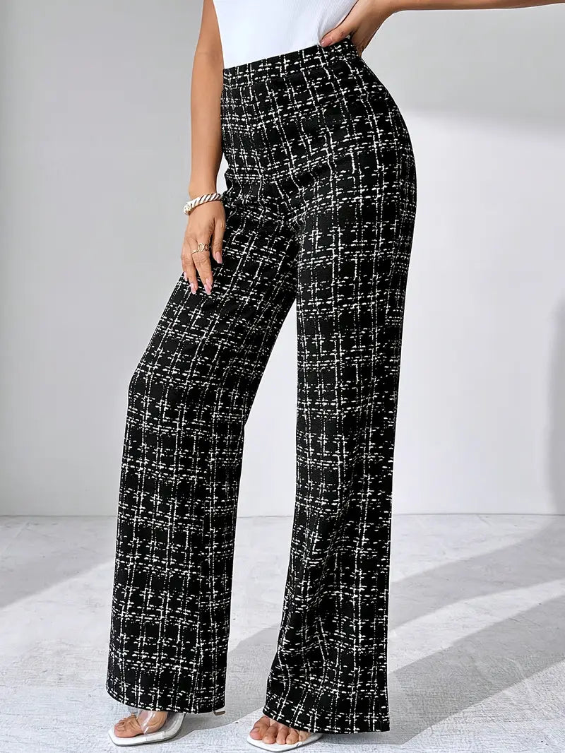 Women's Plaid Wide Leg Pants - High Waist Full Length Pull On