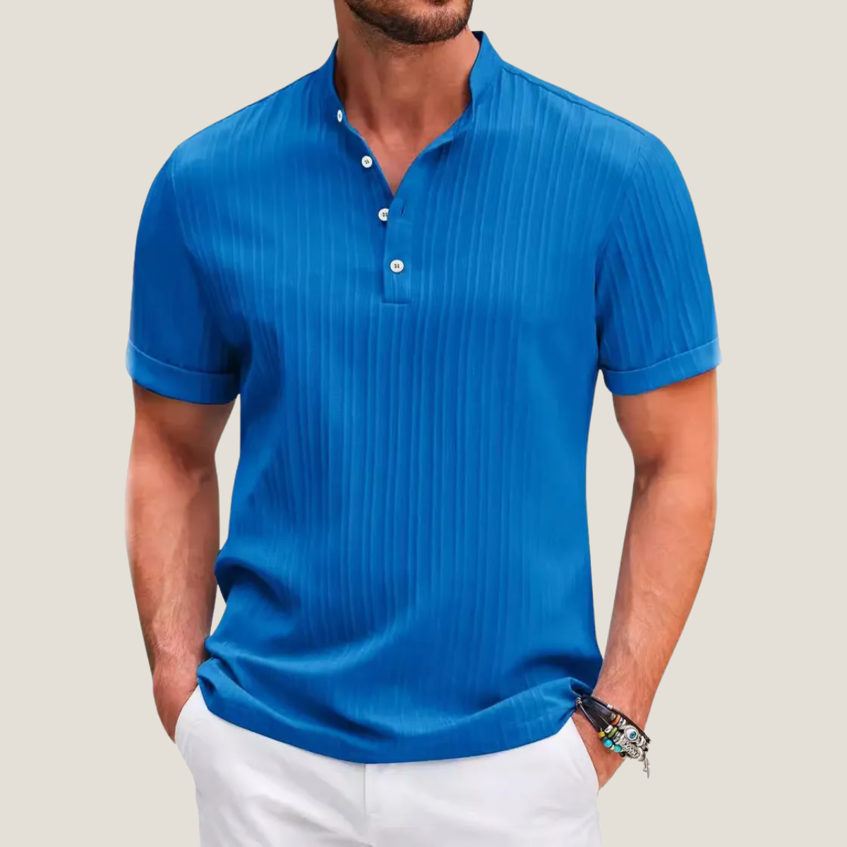 Men's Short Sleeve Shirt - Band Collar Button Placket Vertical Stripe
