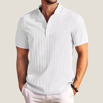 Men's Short Sleeve Shirt - Band Collar Button Placket Vertical Stripe
