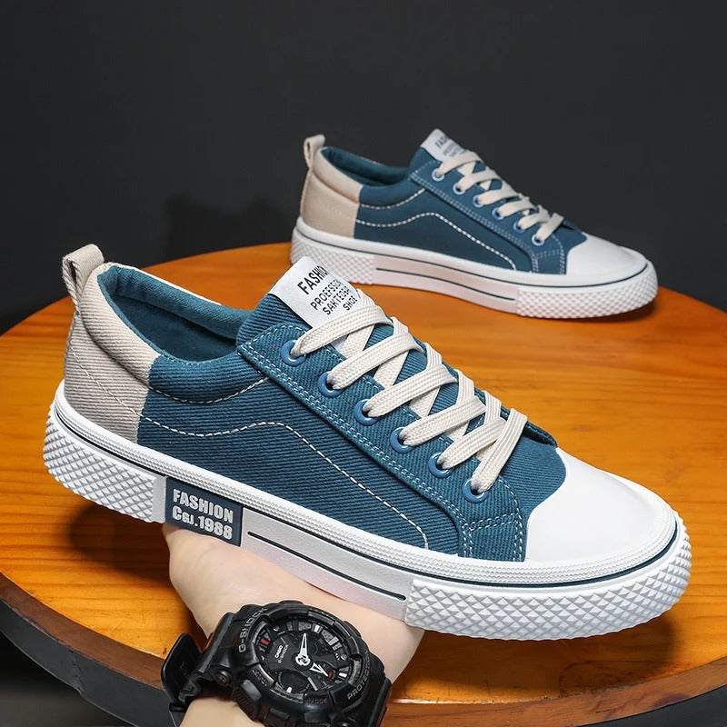 Men's Casual Sneakers - Lace-Up Low Top with Contrast Toe Cap - Colour Block Upper and White Sole