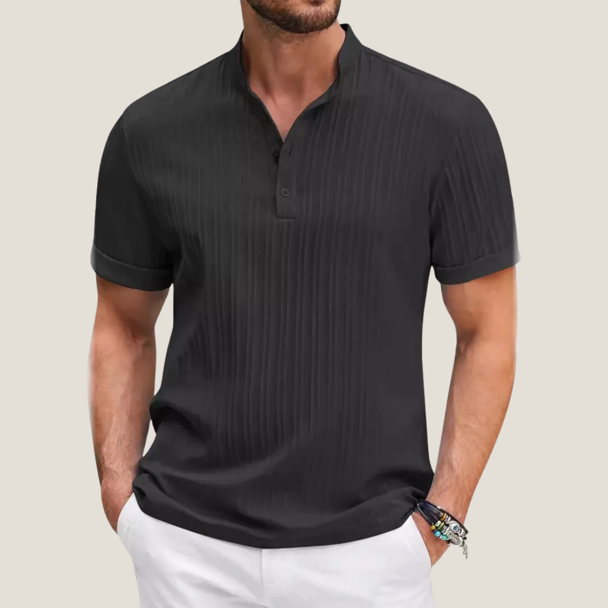 Men's Short Sleeve Shirt - Band Collar Button Placket Vertical Stripe