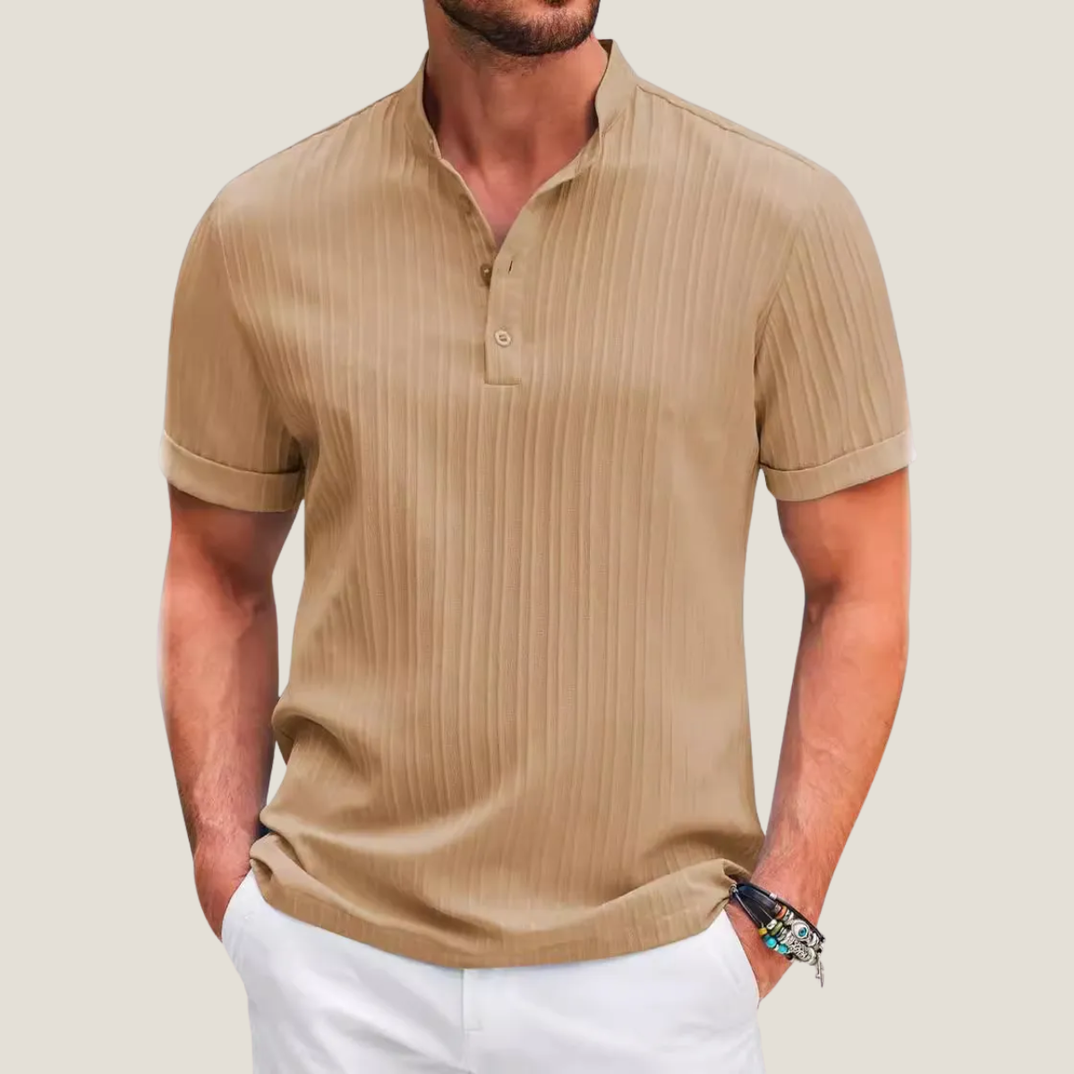 Men's Short Sleeve Shirt - Band Collar Button Placket Vertical Stripe