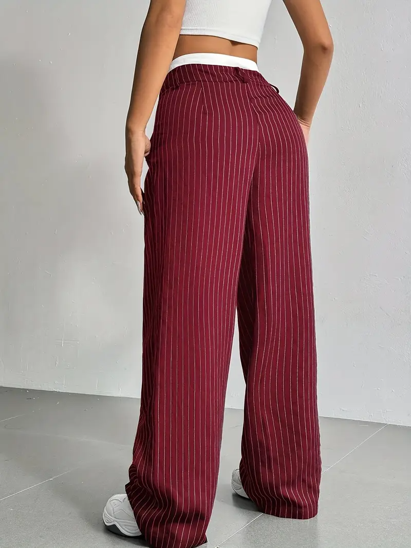 Women's Wide Leg Pinstripe Pants - High Waist - Contrast Waistband