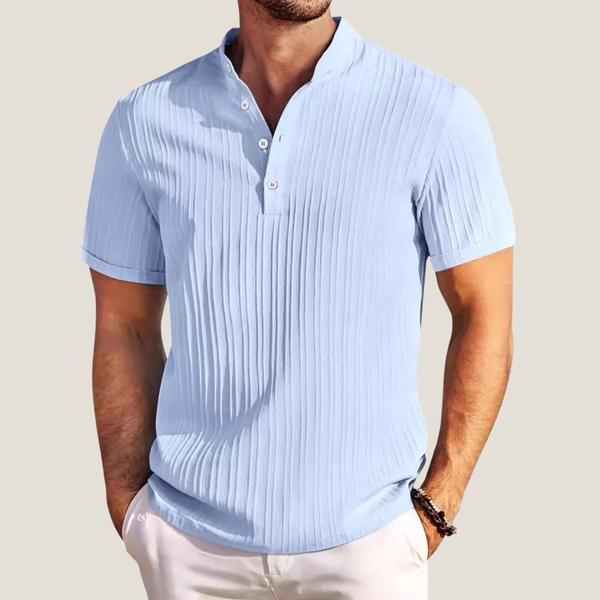 Men's Short Sleeve Shirt - Band Collar Button Placket Vertical Stripe