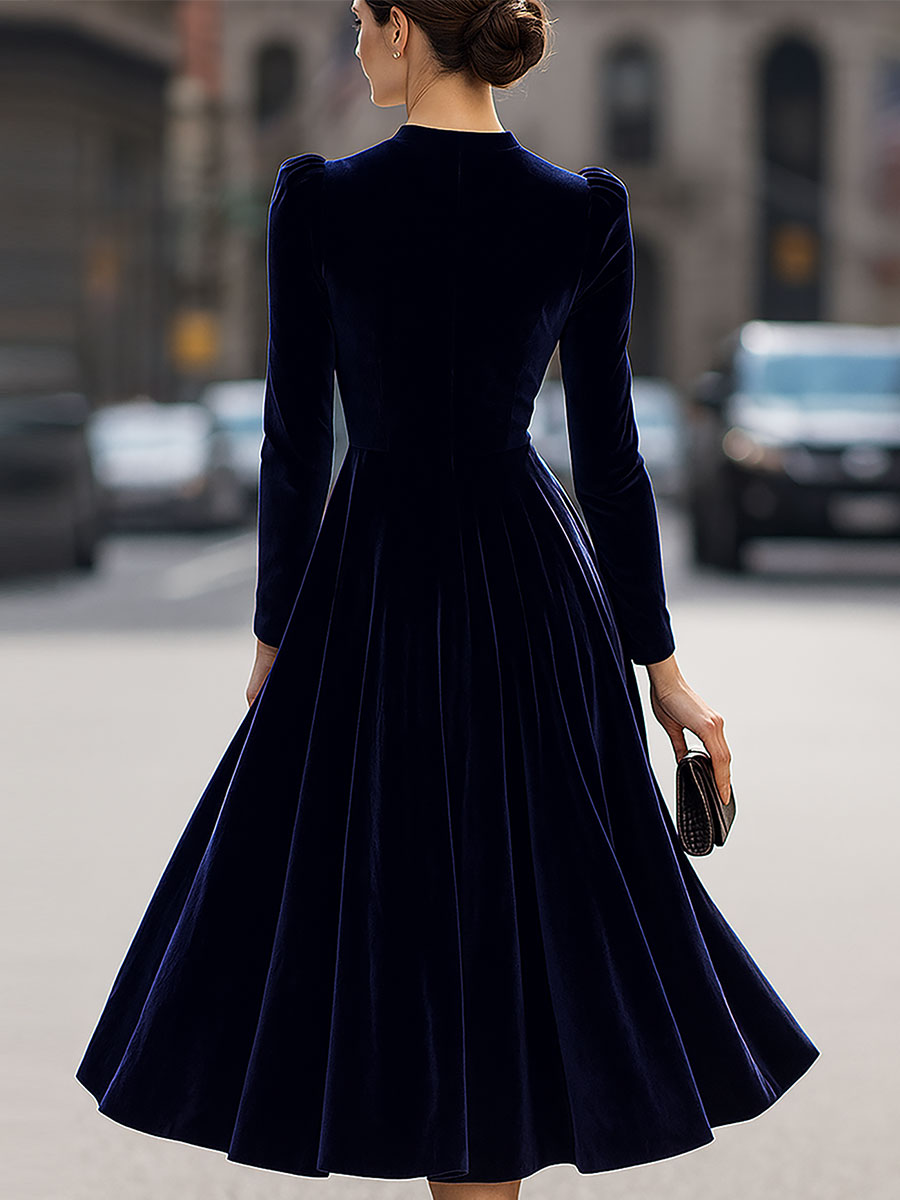Women's Velvet Midi Dress - High Neck Long Sleeve A-Line with Puff Shoulders and Back Zip