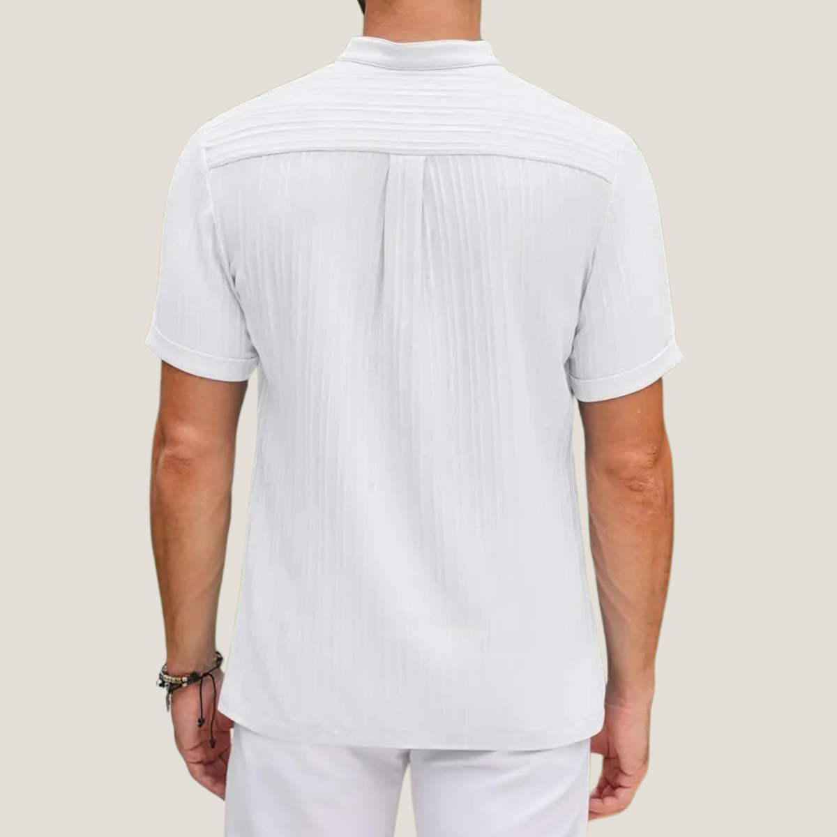 Men's Short Sleeve Shirt - Band Collar Button Placket Vertical Stripe