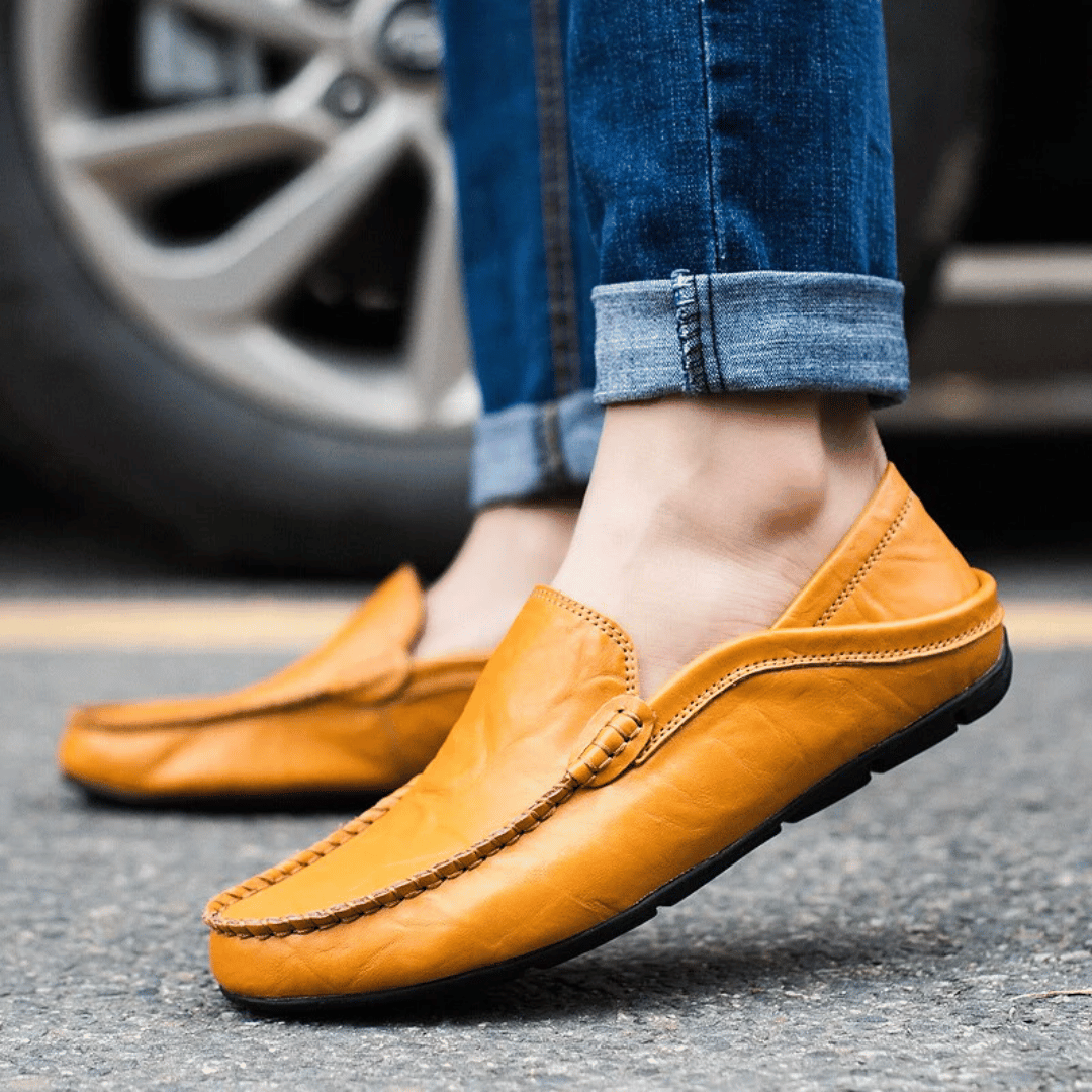 Men's Leather Penny Loafers - Slip On - Decorative Stitching