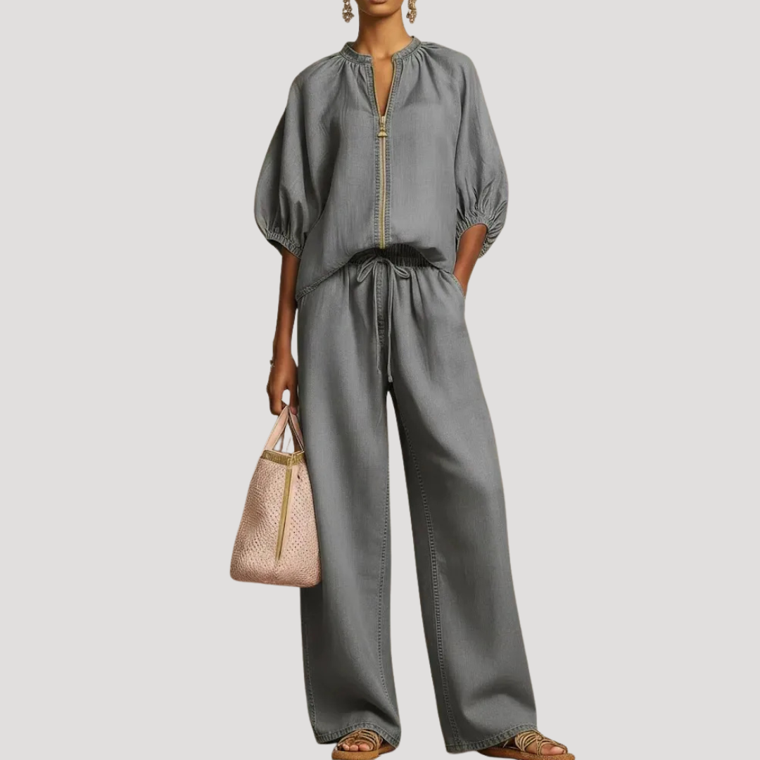 Women's Linen Puff Sleeve Zip Top Wide Leg Pants Set