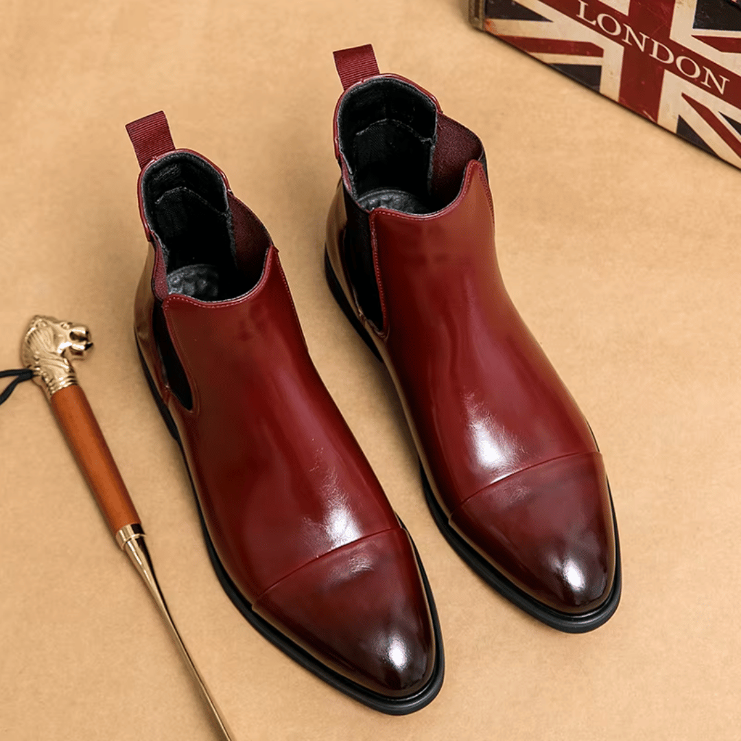 Men's Chelsea Boots - Slip-On Cap Toe with Elastic Side Panel - Low Heel and Contrast Sole