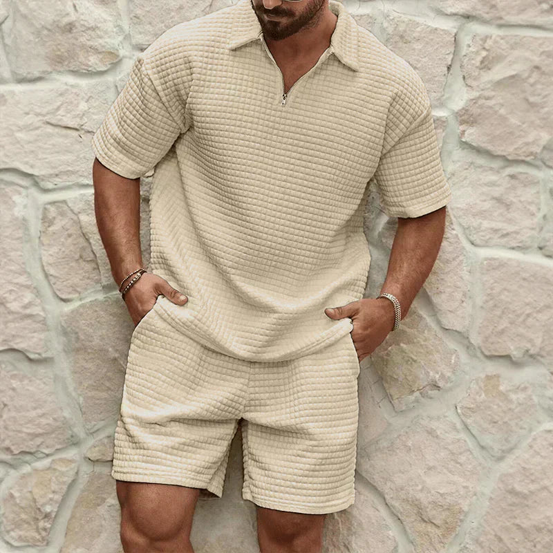 Men's Waffle Knit Half-Zip Polo Short Set - Two Piece