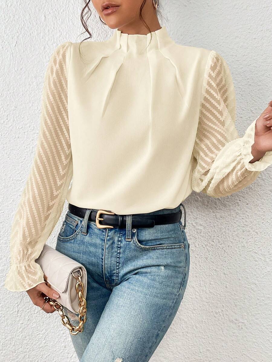 Women’s High Neck Blouse with Pleated Front and Sheer Patterned Sleeves