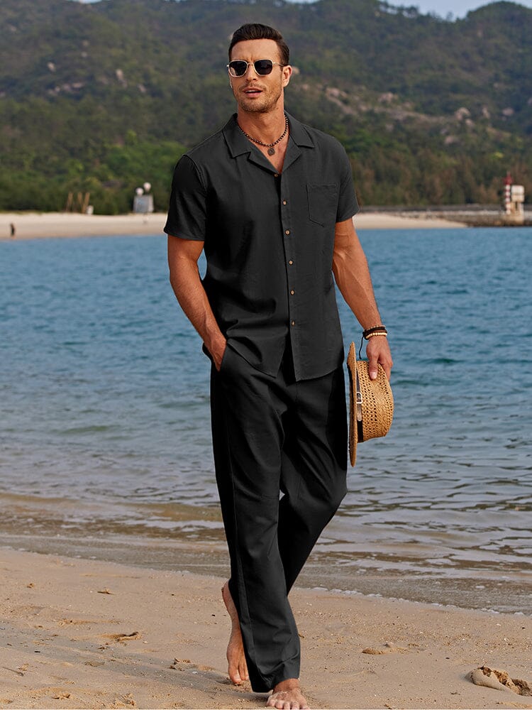 Men's Short Sets - Camp Collar Shirt and Drawstring Pants