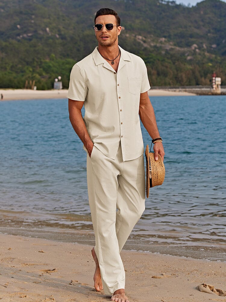 Men's Short Sets - Camp Collar Shirt and Drawstring Pants