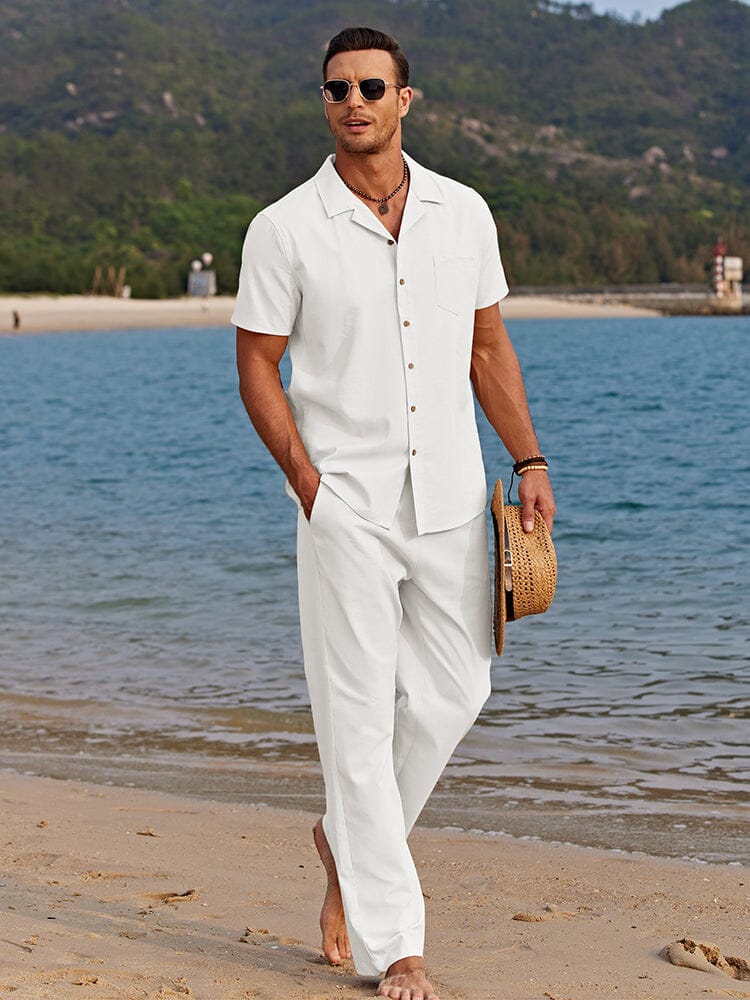 Men's Short Sets - Camp Collar Shirt and Drawstring Pants