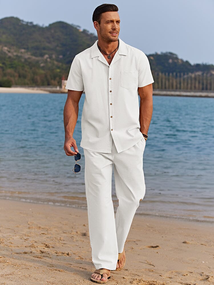 Men's Short Sets - Camp Collar Shirt and Drawstring Pants