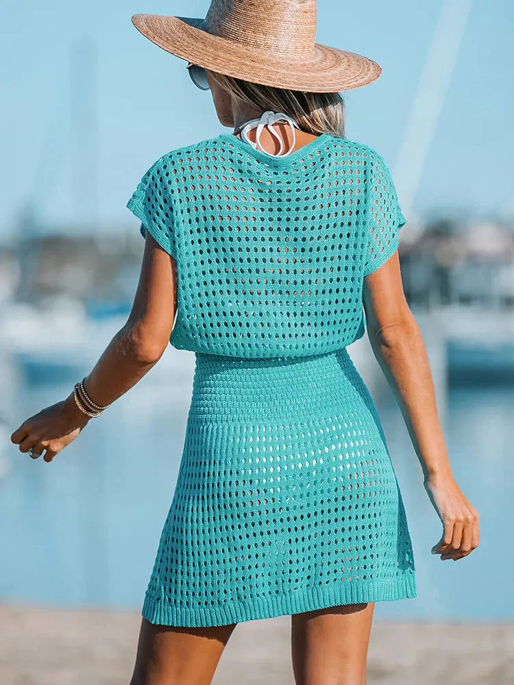 Women's Crochet Eyelet Mini Dress - Short Sleeve V-Neck Button