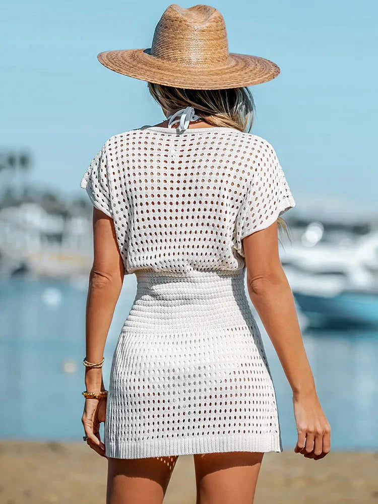 Women's Crochet Eyelet Mini Dress - Short Sleeve V-Neck Button