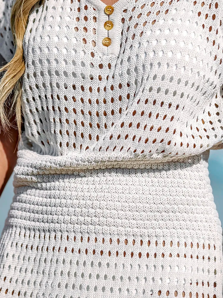 Women's Crochet Eyelet Mini Dress - Short Sleeve V-Neck Button