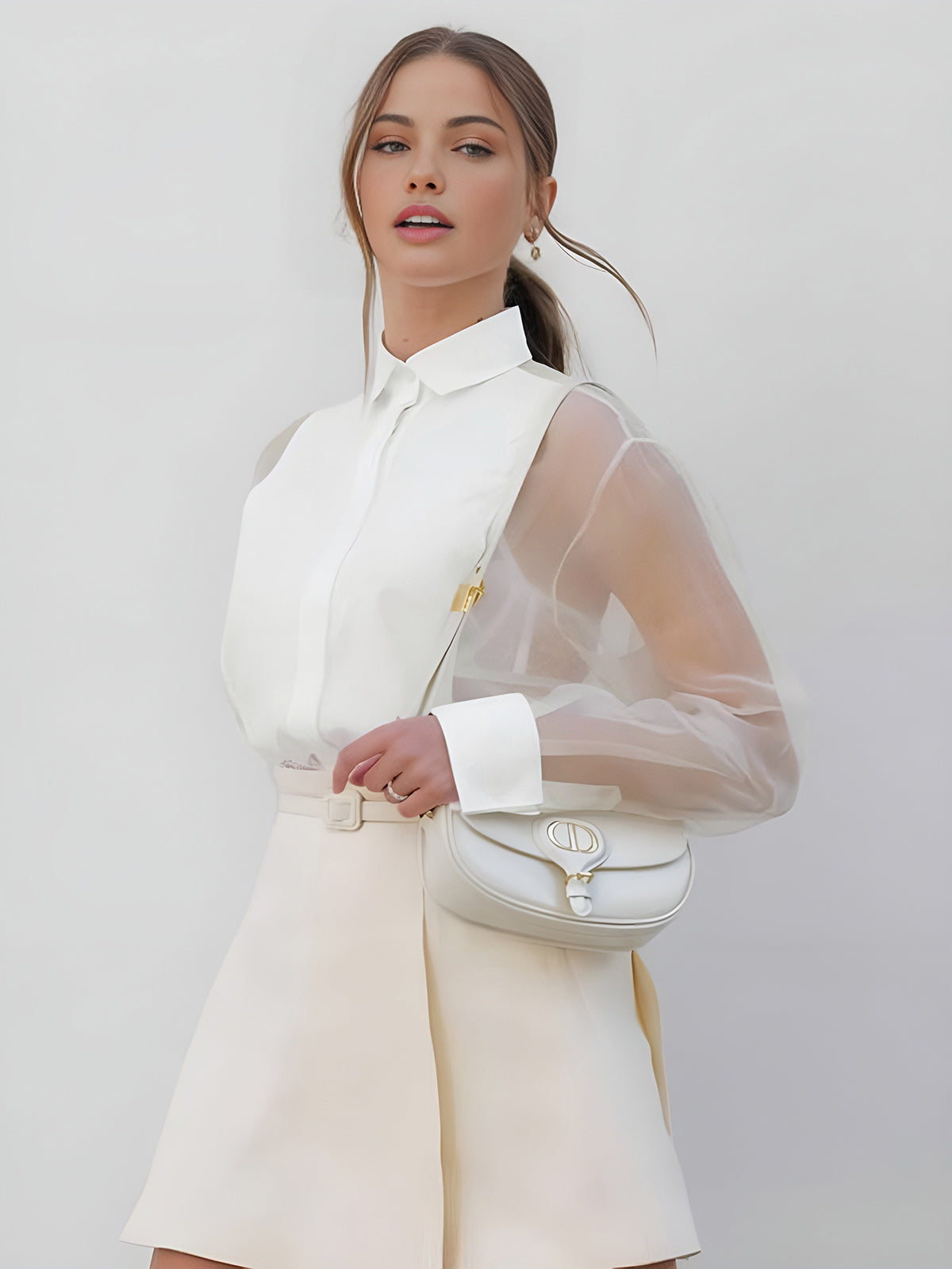Women's Sheer Long Sleeve Blouse with Structured Panel