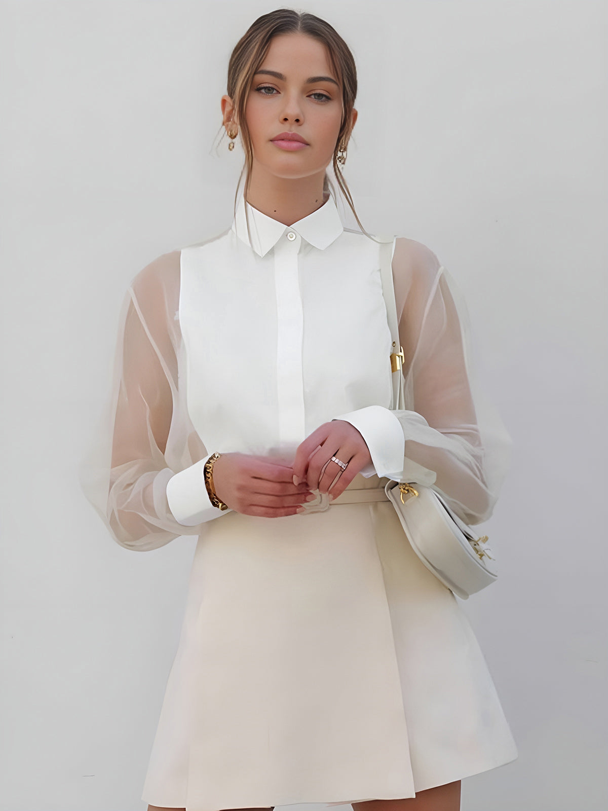 Women's Sheer Long Sleeve Blouse with Structured Panel