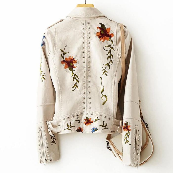 Women's Faux Leather Biker Jacket - Floral Embroidered with Stud Trim and Zip Front