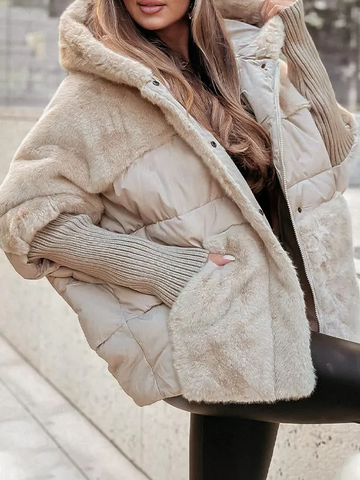 Women's Faux Fur Puffer Jacket - Oversized Hooded Zip-Up with Quilted Panel
