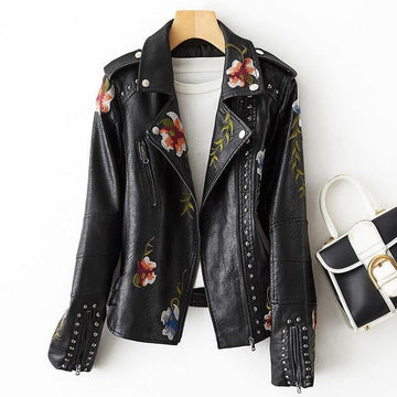 Women's Faux Leather Biker Jacket - Floral Embroidered with Stud Trim and Zip Front