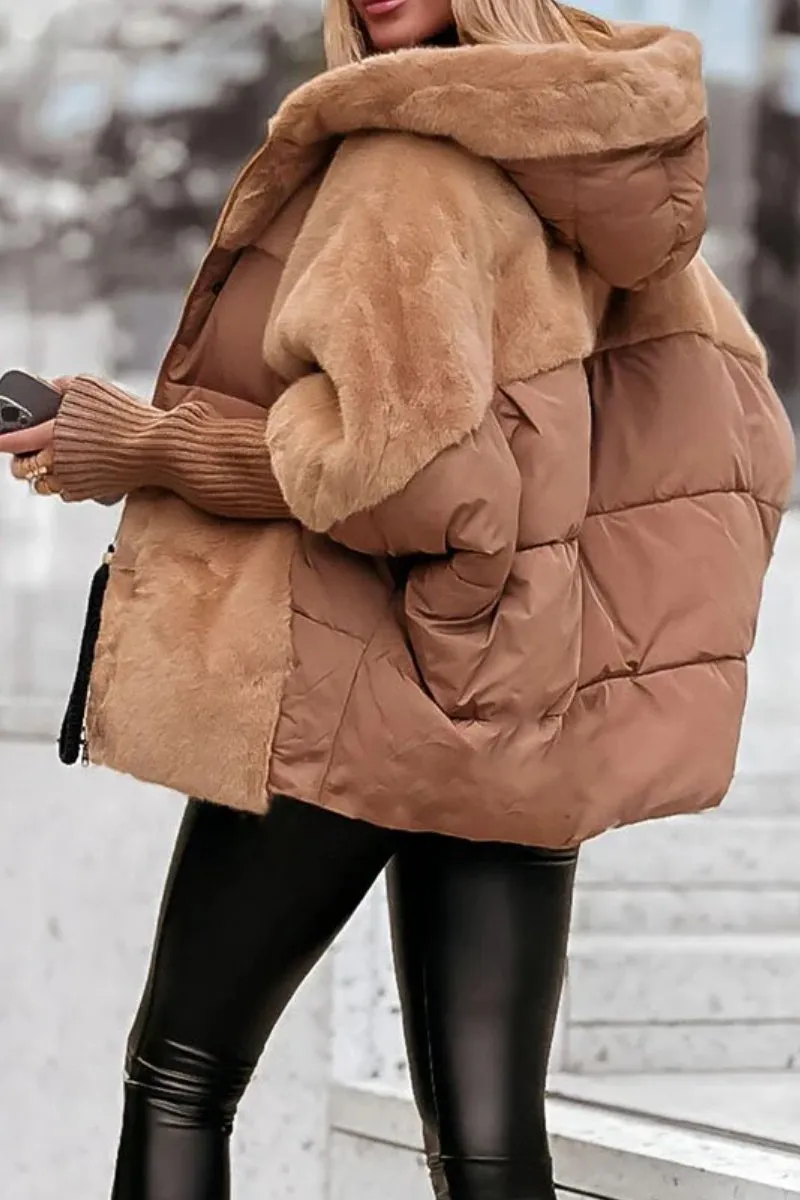 Women's Faux Fur Puffer Jacket - Oversized Hooded Zip-Up with Quilted Panel