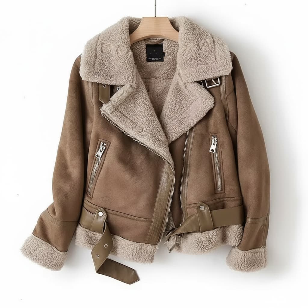 Women's Biker Jacket - Sherpa Lined with Asymmetric Zip - Lapel Collar and Waist Belt