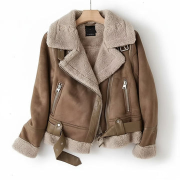 Women's Biker Jacket - Sherpa Lined with Asymmetric Zip - Lapel Collar and Waist Belt