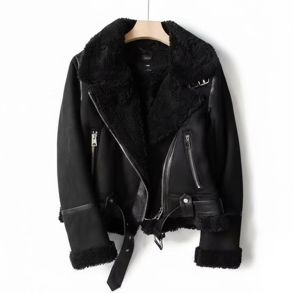 Women's Biker Jacket - Sherpa Lined with Asymmetric Zip - Lapel Collar and Waist Belt