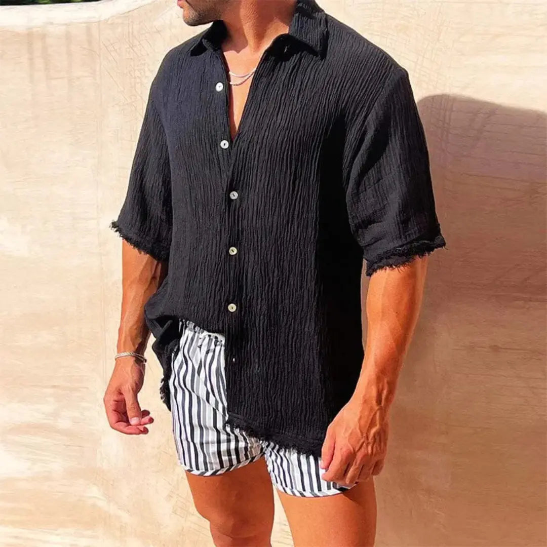 Men's Linen Button Down Shirt - Short Sleeve - Frayed Hem