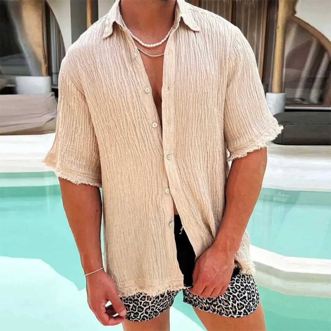 Men's Linen Button Down Shirt - Short Sleeve - Frayed Hem
