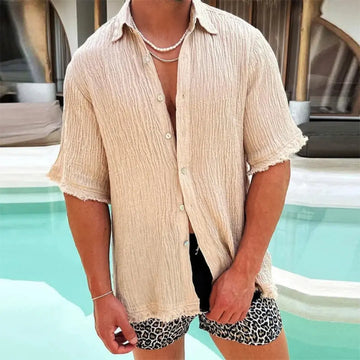 Men's Linen Button Down Shirt - Short Sleeve - Frayed Hem