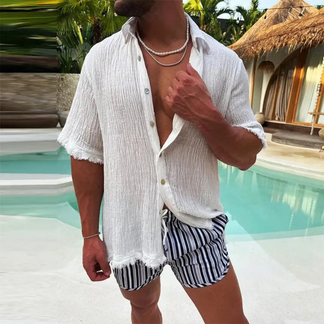 Men's Linen Button Down Shirt - Short Sleeve - Frayed Hem