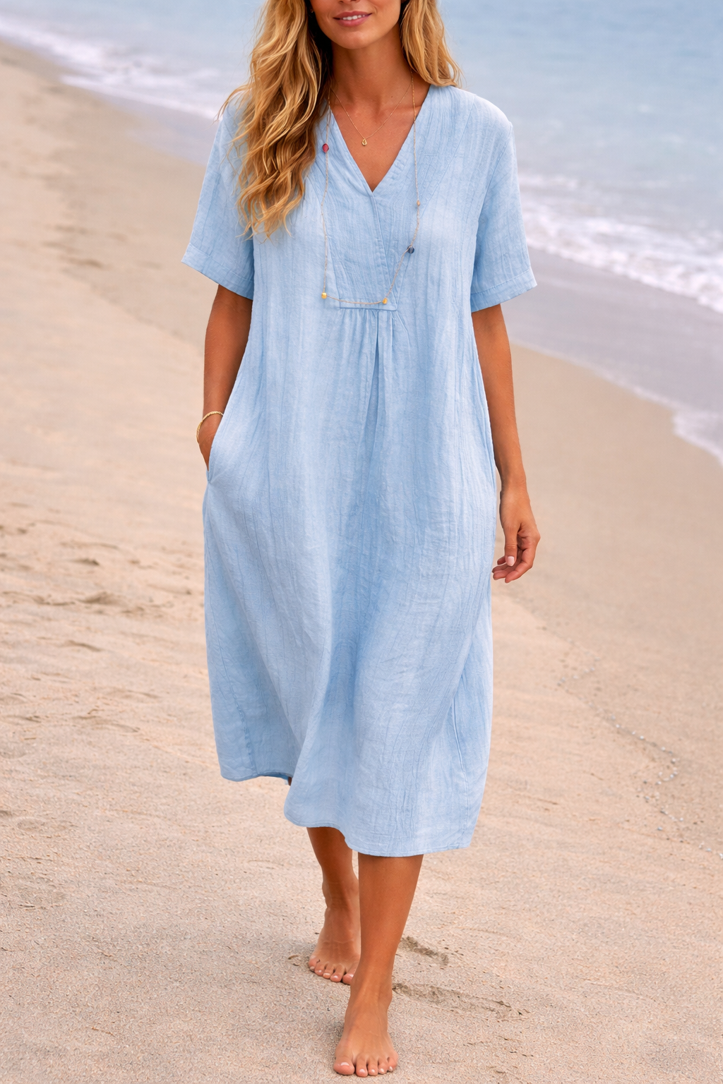 Women's Linen V-Neck Short Sleeve Loose Fit Midi Dress
