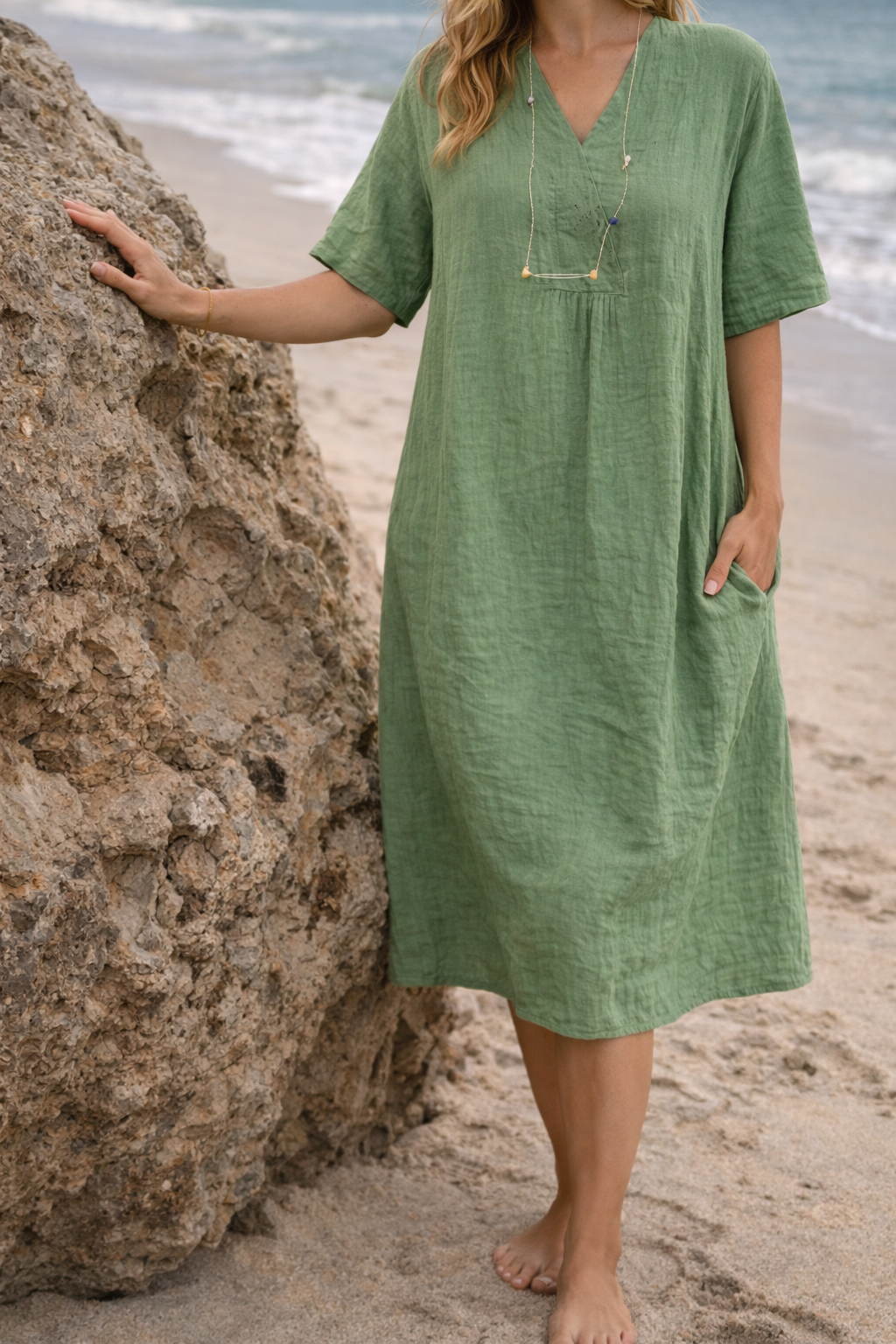 Women's Linen V-Neck Short Sleeve Loose Fit Midi Dress